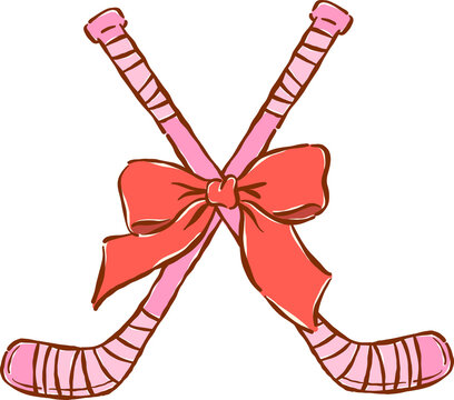 Crossed Pink Hockey Sticks with Bow Hand Drawn Whimsical Illustration