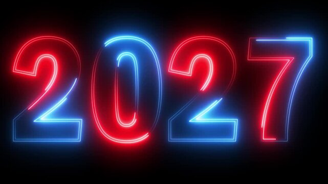 glowing neon red and blue color new year 2027 number text icon animation season digit celebrate banner event wishes party anniversary on black background