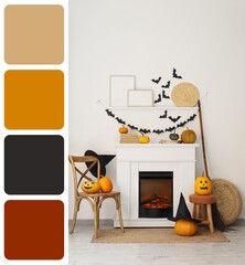 Obraz premium Cozy Halloween decorated fireplace with pumpkins and bats