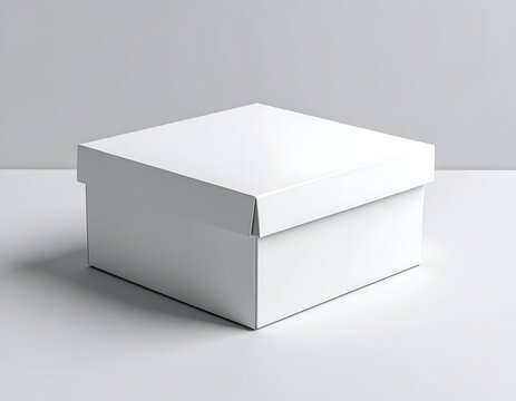 A square white box with a lid sits on a white surface against a neutral background