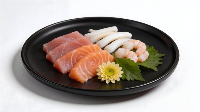 Sushi plate with salmon shrimp and vegetables