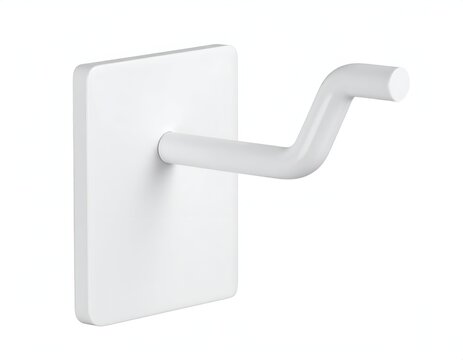 A square white wall-mounted hook with a curved arm extending outward, isolated on white