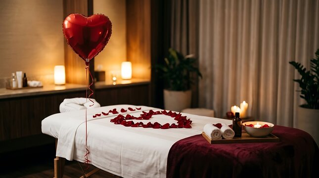 Romantic massage spa table prepared for Valentines Day with red rose petals and heart shaped balloon.