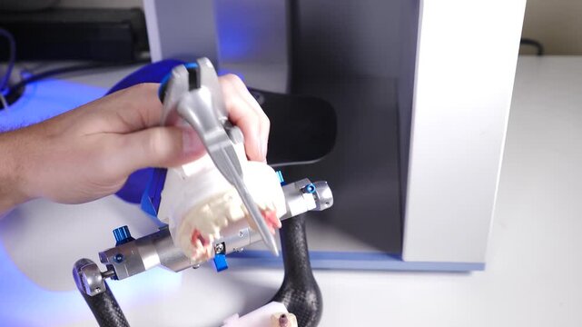 Dental technician hands carefully placing plaster jaw model into articulator and closing upper frame with blue magnetic mounts. Professional orthopedic lab workflow for prosthetic manufacturing 4k 