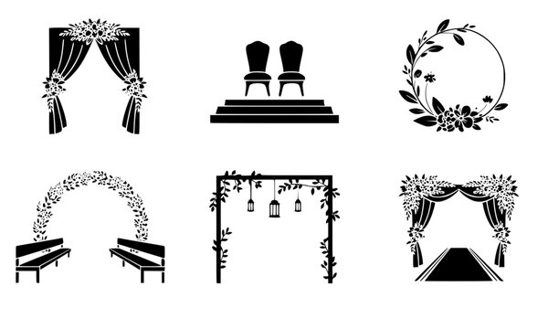 Wedding altar decorations and ceremony arch icon set featuring marriage chuppah with curtains, podium stage with chairs, round floral wreath frame, flower archway with benches, rustic hanging lanterns