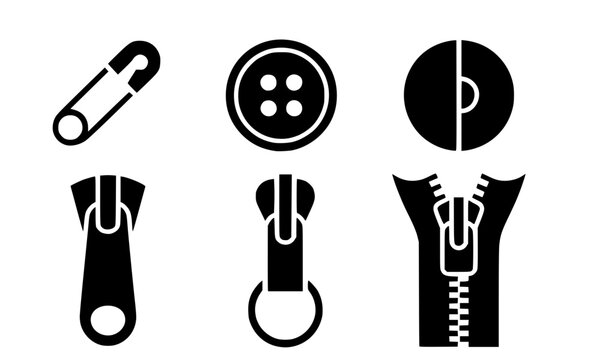 Clothing fasteners and sewing accessories icon set featuring safety pin, four-hole clothes button, snap button, zipper pull tab, slider with ring, and open zipper silhouette vector illustration.