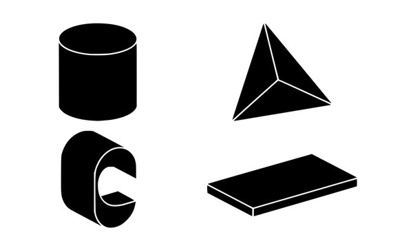 3D geometric shapes icon set featuring perspective view of a cylinder, triangular pyramid tetrahedron, curved C-shape block, and flat rectangular prism plate silhouette vector illustration.