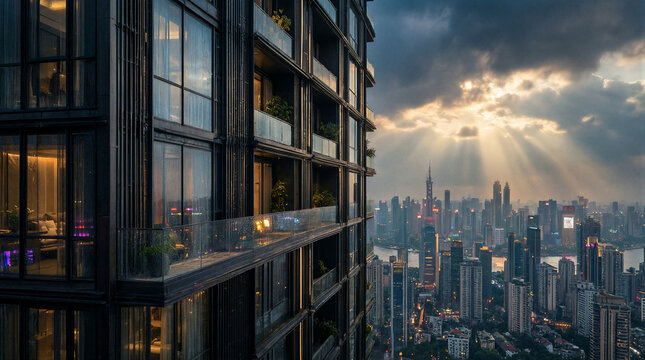Sprawling Asian mega city skyline viewed past sleek high rise apartment facade with floor to ceiling glazing and recessed loggias