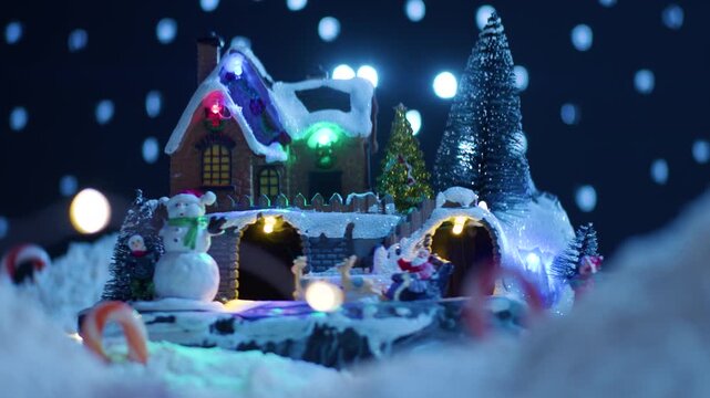 Cinematic 4K pull-back through snowy foreground and candy canes, revealing a charming Christmas village with Santa Claus, reindeer, a snowman and glowing festive lights.