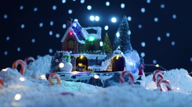 Cinematic 4K anamorphic pull-back through snowy mounds and candy canes, revealing a charming Christmas village with Santa Claus, reindeer, a snowman and glowing lights.