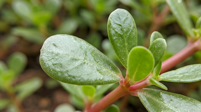 Close up of fresh purslane portulaca oleracea leaves in nature for soothing cosmetics