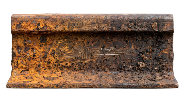 Rusty metal bar with textured surface and orange corrosion on black background PNG with alpha channel