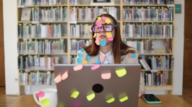 Tired student writes a term paper on laptop using colorful sticky notes to capture ideas and organize thoughts for academic research while working on a complex project