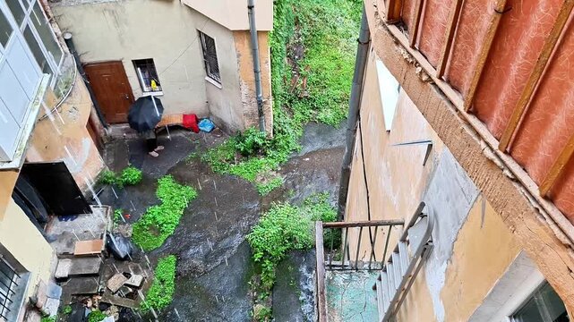 Narrow courtyard between old buildings with wet ground, ivy growth, and a person walking under umbrella in rain, capturing urban decay, natural resilience, and atmospheric charm