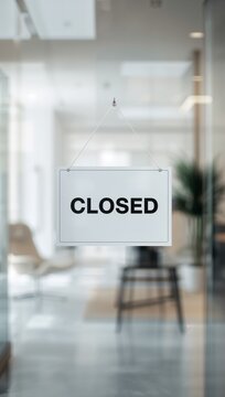 Closed sign hanging on a glass door with a blurred modern office interior symbolizing temporary business closure.