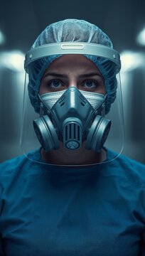 Person wearing a protective medical suit and respirator mask in a sterile hospital corridor representing infection control, healthcare safety, and biohazard protection.