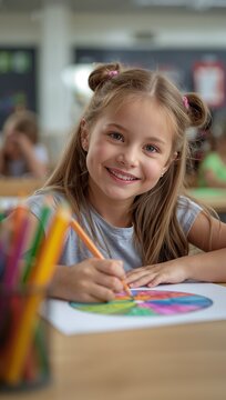 Smiling young girl drawing with colorful pencils in a bright classroom during a creative learning activity.