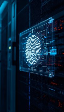 Digital biometric fingerprint interface displayed on a server rack representing secure identity verification, cybersecurity, and data protection.