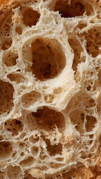 Artisan bread crumb texture with porous air pockets and crispy baked structure as a detailed food background.