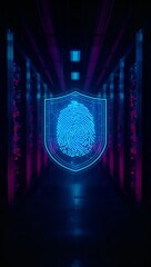 Futuristic digital shield with biometric fingerprint glowing in a high-tech server corridor symbolizing cybersecurity and identity protection. © Curioso.Photography