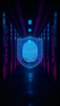 Futuristic digital shield with biometric fingerprint glowing in a high-tech server corridor symbolizing cybersecurity and identity protection.