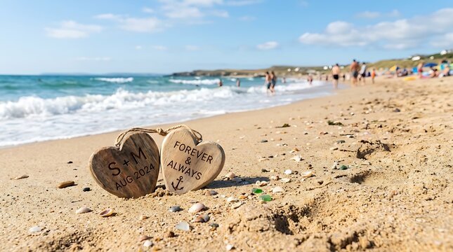 Wooden hearts engraved with sm forever and always on tropical beach sand.