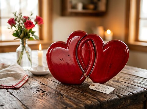 Interlocking wooden hearts with love tag on rustic table with candle and flowers.