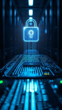 Digital cybersecurity padlock hologram displayed on a futuristic circuit board inside a high-tech data center representing secure data protection.