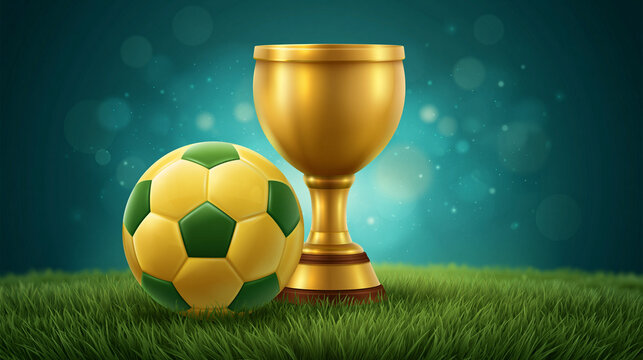 Golden trophy cup and green yellow soccer ball on grass, ideal for sport championship and award themes.