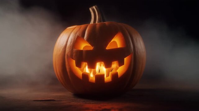a carved pumpkin with a flickering candle glow inside, warm orange light pulsing softly and casting dancing shadows on the carved face, set against a dark blurred background with subtle fog