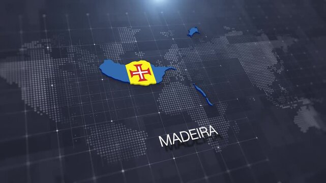 Madeira map with national flag on digital world map background, geographic border, global political and international news concept
