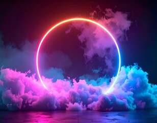 Fototapeta premium Vivid neon ring illuminates fluffy, colored clouds, creating a surreal and dreamy atmosphere