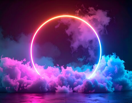 Vivid neon ring illuminates fluffy, colored clouds, creating a surreal and dreamy atmosphere