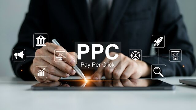 Businessman Using Tablet for PPC Pay Per Click Marketing Advertising Campaign and Digital Performance Strategy