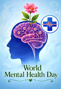 Colorful illustration of a brain with flowers for world mental health day awareness campaign poster