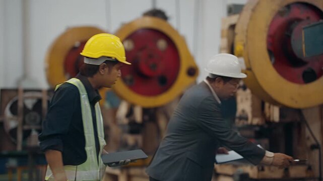 Two men inspect heavy machinery together. One wears a vest and gloves, the other in a suit. They hold tablets, focused on the equipment