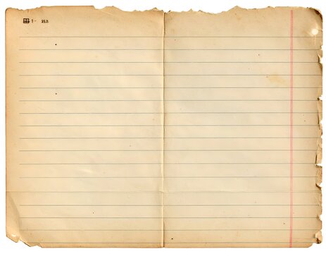Aged, lined paper sheet, showing wear, folds, and a pink margin line, ripped edges