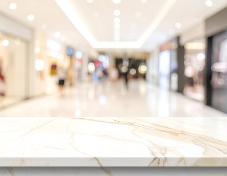 Marble surface in focus with blurred, bright interior shopping mall background