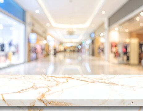 Marble surface foregrounds a blurred mall interior with shops, lights, and a long hallway