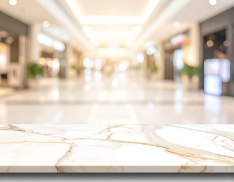 Marble surface foregrounds a blurry mall interior. Bright lights and reflections create warmth