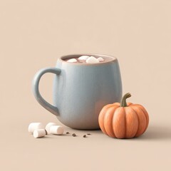 Obraz premium Blue ceramic mug filled with hot chocolate topped with marshmallows beside a small orange pumpkin on a beige background