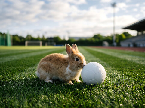 Young fluffy bunny rabbit sniffing white soccer ball on green grass field.