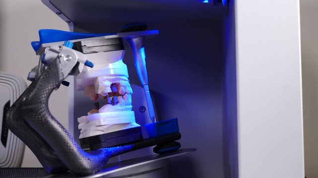 Dental articulator with plaster jaw models placed inside professional 3D scanner chamber. Blue structured light scanning process for digital prosthetics and orthopedics manufacturing 4k video