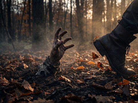 Zombie hand reaching out from the ground in a misty forest setting  