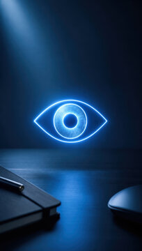 Precision esg supply chain tracking concept with glowing digital eye symbol on dark desk background for secure monitoring
