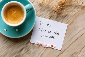 Naklejka premium Coffee and espresso cup with a handwritten note for morning motivation lifestyle