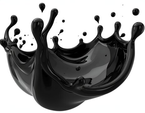 Glossy black liquid, splashing and coronating, with droplets, against white background