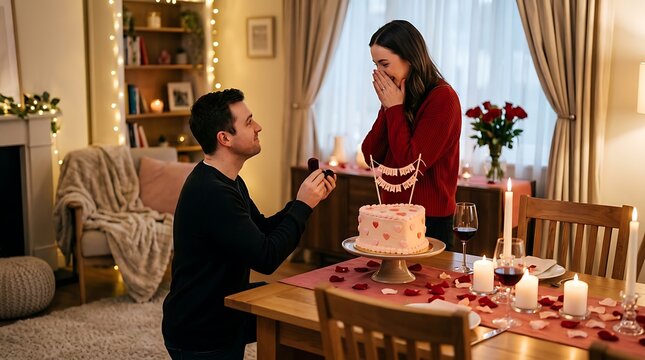 Man kneeling while proposing marriage to girlfriend in beautifully decorated home dining room on valentines day.