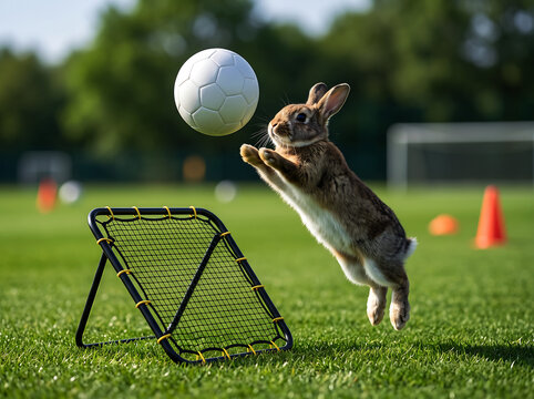 Young rabbit jumps to head soccer ball near rebounder on green field during daytime.