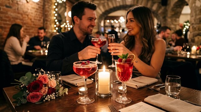 Happy couple enjoying romantic valentine dinner with cocktails and flowers.